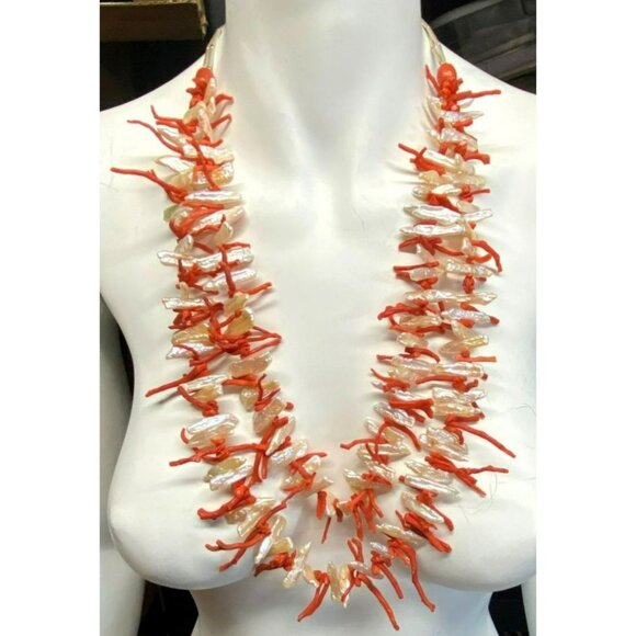 Orange Branch Coral Freshwater Pearl Necklace Double Strand Sterling Silver 32" - Picture 2 of 10